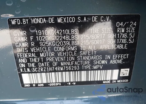 2024 Honda Hr-V 2Wd Ex-L/2Wd Ex-L W/O Bsi из США, поврежденный, VIN 3CZRZ1H74RM756293